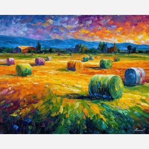 WHEEL FIELDS, a daylight landscape of giant wheel-like forms embedded in grassy fields with warm reflections vivid Leonid Afremov styl, landscape painting, surreal landscape, surreal wall art, oil painting, canvas art, wall art, Afremov style, palette knife texture, daylight landscape, colorful scenery, decorative artwork, textured painting, fantasy landscape, gallery wall art, luminous painting, bright landscape art, dream scenery, home decor art