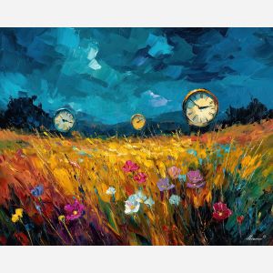 CLOCK PRAIRIE, a prairie in full daylight with oversized clocks rising among warm grasses and small flowers vivid Leonid Afremov style , landscape painting, surreal landscape, surreal wall art, oil painting, canvas art, wall art, Afremov style, palette knife texture, daylight landscape, colorful scenery, decorative artwork, textured painting, fantasy landscape, gallery wall art, luminous painting, bright landscape art, dream scenery, home decor art