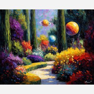 PLANET GARDEN, a surreal daylight garden with small bright planets resting among flowers and hedges vivid Leonid Afremov style mood bol, landscape painting, surreal landscape, surreal wall art, oil painting, canvas art, wall art, Afremov style, palette knife texture, daylight landscape, colorful scenery, decorative artwork, textured painting, fantasy landscape, gallery wall art, luminous painting, bright landscape art, dream scenery, home decor art