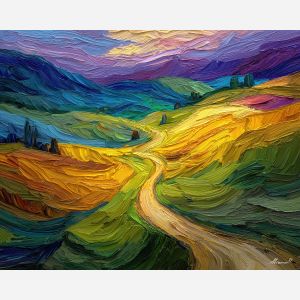 RIBBON HILLS, a surreal chain of ribbon-like hills twisting through bright daylight with rich green and gold color vivid Leonid Afremo, landscape painting, surreal landscape, surreal wall art, oil painting, canvas art, wall art, Afremov style, palette knife texture, daylight landscape, colorful scenery, decorative artwork, textured painting, fantasy landscape, gallery wall art, luminous painting, bright landscape art, dream scenery, home decor art