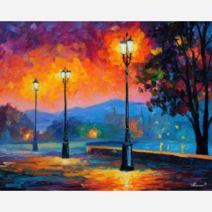 LANTERN FLATS, flat open land in daylight with glowing lantern posts stretching toward a vivid horizon vivid Leonid Afremov style mood , landscape painting, surreal landscape, surreal wall art, oil painting, canvas art, wall art, Afremov style, palette knife texture, daylight landscape, colorful scenery, decorative artwork, textured painting, fantasy landscape, gallery wall art, luminous painting, bright landscape art, dream scenery, home decor art