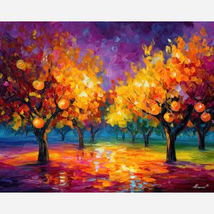 GLASS ORCHARD, a surreal orchard of transparent fruit trees under bright sun with colorful reflections on the ground vivid Leonid Afrem, landscape painting, surreal landscape, surreal wall art, oil painting, canvas art, wall art, Afremov style, palette knife texture, daylight landscape, colorful scenery, decorative artwork, textured painting, fantasy landscape, gallery wall art, luminous painting, bright landscape art, dream scenery, home decor art