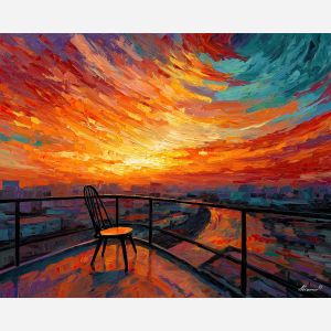SUNSET OVERPASS CHAIR, a lone chair in the foreground on an overpass while the surreal city below twists into sunset reflections and orange haz, cityscape painting, surreal cityscape, urban wall art, oil painting, canvas art, wall art, Afremov style, palette knife texture, surreal city art, night city painting, decorative artwork, textured painting, fantasy cityscape, gallery wall art, luminous painting, urban surreal art, wet street art, home decor art