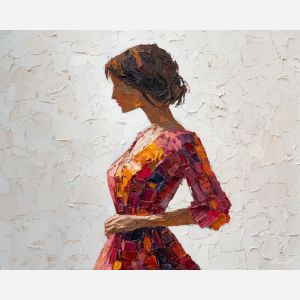 QUIET SILHOUETTE, highly simplified silhouette of a woman in soft contrapposto layered cloth covering body abstract palette knife finish, palette knife figure, abstract woman painting, figure painting, oil painting, canvas art, wall art, textured painting, decorative figure art, tasteful artwork, impasto painting, gallery wall art, home decor art, draped figure, simplified anatomy, expressive painting, abstract portrait, fine art figure, bold texture