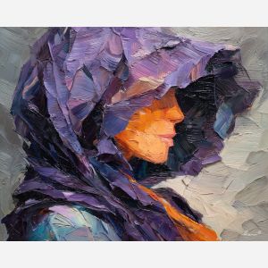 IRIS VEIL, iris-colored veil dominating the composition body only suggested beneath layered knife-painted color, palette knife figure, abstract woman painting, figure painting, oil painting, canvas art, wall art, textured painting, decorative figure art, tasteful artwork, impasto painting, gallery wall art, home decor art, draped figure, simplified anatomy, expressive painting, abstract portrait, fine art figure, bold texture