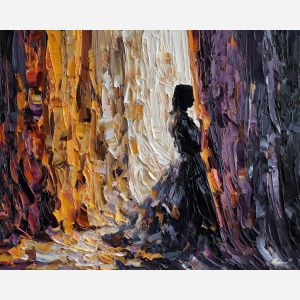 PEARL CURTAIN, figure partly lost in pearl curtain folds only silhouette and posture visible thick palette knife texture, palette knife figure, abstract woman painting, figure painting, oil painting, canvas art, wall art, textured painting, decorative figure art, tasteful artwork, impasto painting, gallery wall art, home decor art, draped figure, simplified anatomy, expressive painting, abstract portrait, fine art figure, bold texture