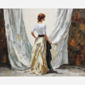 GENTLE CURVE, gentle standing pose indicated by a few curved paint shapes and layered drapery tasteful and low detail, palette knife figure, abstract woman painting, figure painting, oil painting, canvas art, wall art, textured painting, decorative figure art, tasteful artwork, impasto painting, gallery wall art, home decor art, draped figure, simplified anatomy, expressive painting, abstract portrait, fine art figure, bold texture