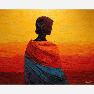 SUNSET DRAPE, palette knife painting of a simplified female figure suggested by broad color blocks wrapped in a sunset drape no facial, palette knife figure, abstract woman painting, figure painting, oil painting, canvas art, wall art, textured painting, decorative figure art, tasteful artwork, impasto painting, gallery wall art, home decor art, draped figure, simplified anatomy, expressive painting, abstract portrait, fine art figure, bold texture