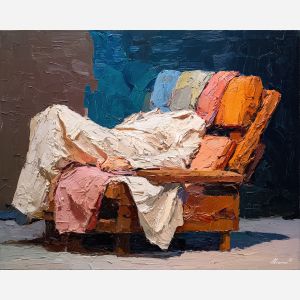 SOFT RECLINE, reclining figure reduced to simplified shapes knees bent linen drape across body no realistic anatomy thick impasto, palette knife figure, abstract woman painting, figure painting, oil painting, canvas art, wall art, textured painting, decorative figure art, tasteful artwork, impasto painting, gallery wall art, home decor art, draped figure, simplified anatomy, expressive painting, abstract portrait, fine art figure, bold texture