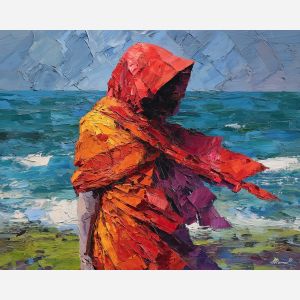 SEA WRAP, simplified coastal figure wrapped in windblown cloth body mostly concealed no facial detail large knife-painted shapes a, palette knife figure, abstract woman painting, figure painting, oil painting, canvas art, wall art, textured painting, decorative figure art, tasteful artwork, impasto painting, gallery wall art, home decor art, draped figure, simplified anatomy, expressive painting, abstract portrait, fine art figure, bold texture