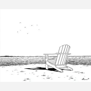 Seaside Chair, simple line art of a chair facing a simple shoreline plain white background, line art, minimal line drawing, black and white art, simple illustration, outline drawing, canvas art, wall art, minimalist artwork, clean line art, decorative line drawing, modern line art, gallery wall art, home decor art, simple black line, white background art, contour drawing, minimal scene art, ink outline style