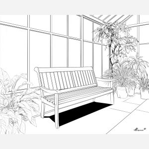 Greenhouse Bench, simple line art of a bench inside a greenhouse plain white background sparse plant outlines, line art, minimal line drawing, black and white art, simple illustration, outline drawing, canvas art, wall art, minimalist artwork, clean line art, decorative line drawing, modern line art, gallery wall art, home decor art, simple black line, white background art, contour drawing, minimal scene art, ink outline style