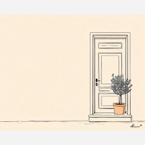 Doorway with Pot, simple line art of a doorway with a potted plant plain white background, line art, minimal line drawing, black and white art, simple illustration, outline drawing, canvas art, wall art, minimalist artwork, clean line art, decorative line drawing, modern line art, gallery wall art, home decor art, simple black line, white background art, contour drawing, minimal scene art, ink outline style