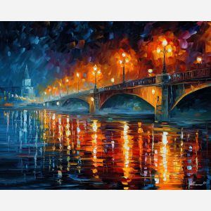 Golden Bridge Reflections, a bridge at night with golden lamps rain-soaked surface and shimmering reflections in water below, Leonid Afremov style, Afremov inspired painting, rainy night cityscape, colorful landscape painting, oil painting, canvas art, wall art, palette knife texture, rain reflections painting, lightpost painting, autumn cityscape, park path painting, night street art, gallery wall art, home decor art, romantic rainy scene, cityscape painting, landscape painting