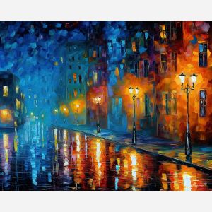 Blue Window Street, a rainy street lined with bright blue windows warm lamps and reflective road surfaces, Leonid Afremov style, Afremov inspired painting, rainy night cityscape, colorful landscape painting, oil painting, canvas art, wall art, palette knife texture, rain reflections painting, lightpost painting, autumn cityscape, park path painting, night street art, gallery wall art, home decor art, romantic rainy scene, cityscape painting, landscape painting