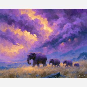 elephant family, family crossing, crossing sunlit, elephant art, elephant painting, family art, family painting, crossing art, crossing painting, sunlit art, sunlit painting, grass art, grass painting, towering art, towering painting, violet art, violet painting, storm art, storm painting, clouds art