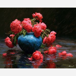 wild peonies, peonies spilling, spilling blue, wild art, wild painting, peonies art, peonies painting, spilling art, spilling painting, blue art, blue painting, ceramic art, ceramic painting, vase art, vase painting, rain-lit art, rain-lit painting, table art, table painting, reflections art
