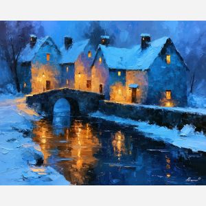 snow-covered cottages, cottages glowing, glowing narrow, snow-covered art, snow-covered painting, cottages art, cottages painting, glowing art, glowing painting, narrow art, narrow painting, bridge art, bridge painting, during art, during painting, blue art, blue painting, twilight art, twilight painting, reflections art