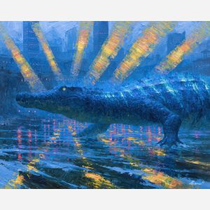 original colossal, colossal reptilian, reptilian titan, original art, original painting, colossal art, colossal painting, reptilian art, reptilian painting, titan art, titan painting, wading art, wading painting, neon art, neon painting, harbor art, harbor painting, searchlight art, searchlight painting, arcs art