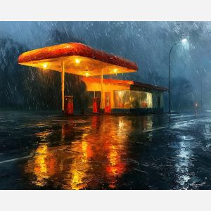 lonely vintage, vintage fuel, fuel station, lonely art, lonely painting, vintage art, vintage painting, fuel art, fuel painting, station art, station painting, glowing art, glowing painting, empty art, empty painting, highway art, highway painting, midnight art, midnight painting, reflections art
