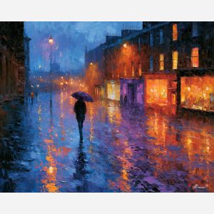 lone umbrella, umbrella walker, walker crossing, lone art, lone painting, umbrella art, umbrella painting, walker art, walker painting, crossing art, crossing painting, rain-polished art, rain-polished painting, boulevard art, boulevard painting, glowing art, glowing painting, shop art, shop painting, windows art