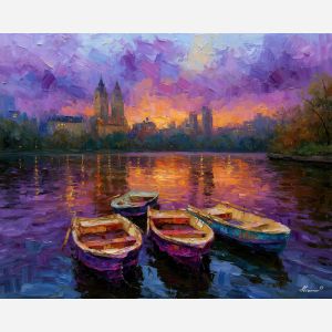 small rowboats, rowboats tied, lake boats art, city park painting, palette knife art, urban park wall art, textured oil painting, colorful landscape art, afremov inspired, luminous wall decor