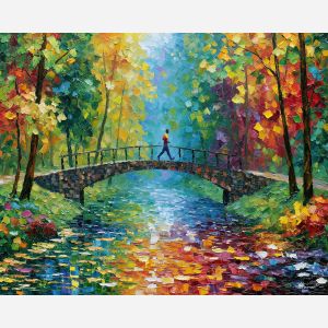 jogger crossing, crossing small, jogger bridge art, city park painting, palette knife art, urban park wall art, textured oil painting, colorful landscape art, afremov inspired, luminous wall decor