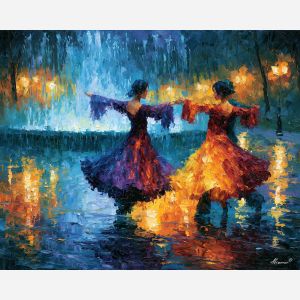 two dancers, dancers turning, fountain dancers art, city park painting, palette knife art, urban park wall art, textured oil painting, colorful landscape art, afremov inspired, luminous wall decor