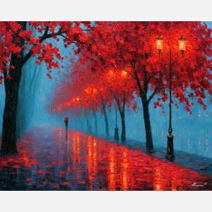 tree lined, lined promenade, maple promenade art, city park painting, palette knife art, urban park wall art, textured oil painting, colorful landscape art, afremov inspired, luminous wall decor