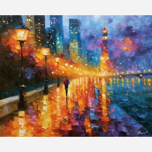 riverside promenade, promenade lined, city promenade art, cityscape painting, urban skyline art, palette knife art, thick brush strokes, textured oil painting, colorful wall art, afremov inspired