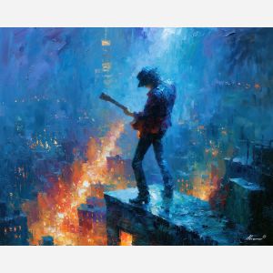 rooftop musician, musician playing, rooftop music art, cityscape painting, urban skyline art, palette knife art, thick brush strokes, textured oil painting, colorful wall art, afremov inspired