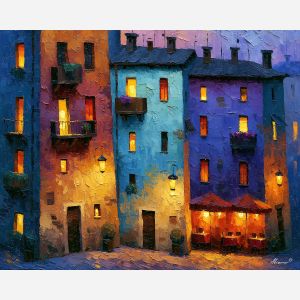 twilight district, district towers, twilight district art, cityscape painting, urban skyline art, palette knife art, thick brush strokes, textured oil painting, colorful wall art, afremov inspired