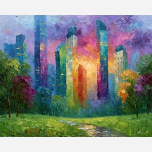 towers rising, rising beyond, parkside towers art, cityscape painting, urban skyline art, palette knife art, thick brush strokes, textured oil painting, colorful wall art, afremov inspired