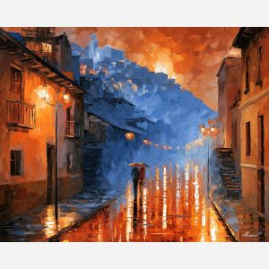 potosi painting, potosi art, bolivia city art, silver mountain, palette knife cityscape, thick brush strokes, impasto city art, colorful wall decor, rain reflections, glowing city lights