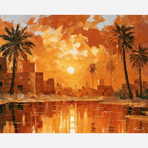 tozeur painting, tozeur art, tunisia city art, desert brick, textured oil painting, hidden gem city, vibrant cityscape, no signature art, old town painting, atmospheric city art