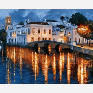 tavira painting, tavira art, portugal city art, white riverfront, palette knife cityscape, thick brush strokes, impasto city art, colorful wall decor, rain reflections, glowing city lights