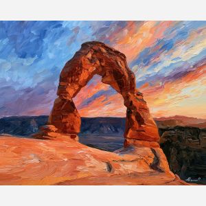 stone arch, desert bold, twilight saltflat art, thick brush strokes, heavy impasto painting, broad simplified shapes, minimal detail art, colorful wall decor, glowing reflections, textured oil painting