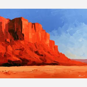 red escarpment, rust cliff, red escarpment art, colorful wall decor, glowing reflections, textured oil painting, no signature art, remote landscape painting, natural wonder art, abstract landscape decor