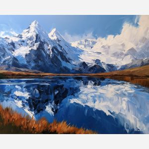 alpine tarn, snow peak, alpine tarn art, bold color landscape, rare landscape art, afremov style landscape, palette knife landscape, thick brush strokes, heavy impasto painting, broad simplified shapes
