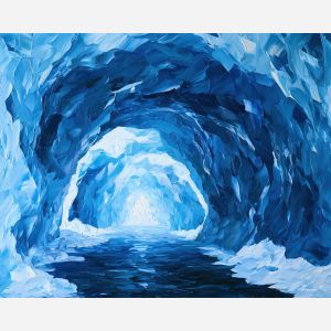 sapphire ice, cave arched, ice cave art, thick brush strokes, heavy impasto painting, broad simplified shapes, minimal detail art, colorful wall decor, glowing reflections, textured oil painting