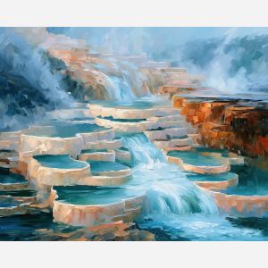 travertine mineral, pools creamy, travertine pools art, heavy impasto painting, broad simplified shapes, minimal detail art, colorful wall decor, glowing reflections, textured oil painting, no signature art