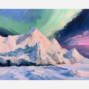 arctic ice, hummocks white, ice hummocks art, palette knife landscape, thick brush strokes, heavy impasto painting, broad simplified shapes, minimal detail art, colorful wall decor, glowing reflections