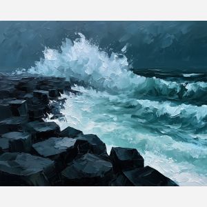 stormy basalt, coast dark, basalt coast art, abstract landscape decor, bold color landscape, rare landscape art, afremov style landscape, palette knife landscape, thick brush strokes, heavy impasto painting