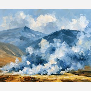 geothermal valley, sulfur yellow, geothermal valley art, natural wonder art, abstract landscape decor, bold color landscape, rare landscape art, afremov style landscape, palette knife landscape, thick brush strokes
