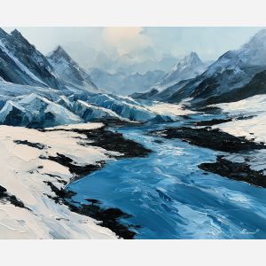 glacial stream, white snowfields, glacial stream art, glowing reflections, textured oil painting, no signature art, remote landscape painting, natural wonder art, abstract landscape decor, bold color landscape