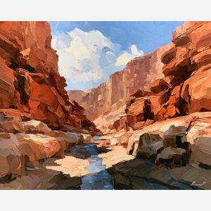 desert wadi, thin blue, desert wadi art, palette knife landscape, thick brush strokes, heavy impasto painting, broad simplified shapes, minimal detail art, colorful wall decor, glowing reflections