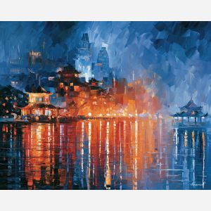 farlight pavilions, floating roof, farlight pavilions art, fantasy wall art, no signature art, soft edge cityscape, rainlit fantasy city, textured oil painting, dream city painting, fantasy cityscape