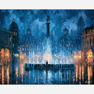 duskvale fountains, fountain pools, duskvale fountains art, broad city shapes, minimal detail art, glowing reflections, colorful wall decor, fantasy wall art, no signature art, soft edge cityscape