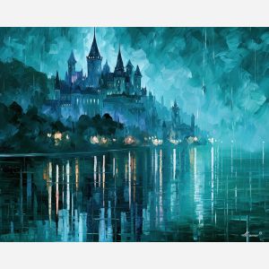 viridian violetkeep, violet keep, viridian violetkeep art, fantasy wall art, no signature art, soft edge cityscape, rainlit fantasy city, textured oil painting, dream city painting, fantasy cityscape