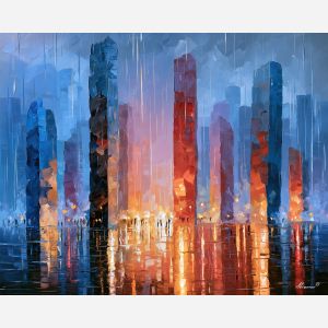 bluefall monoliths, monolith stones, bluefall monoliths art, fantasy wall art, no signature art, soft edge cityscape, rainlit fantasy city, textured oil painting, dream city painting, fantasy cityscape